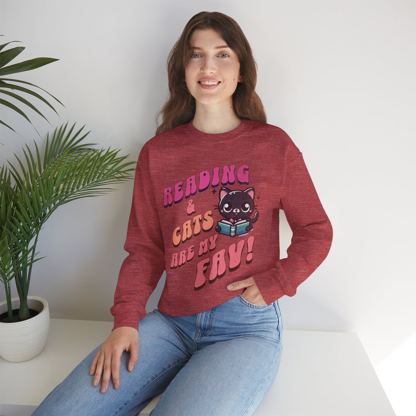 Cozy Reading Lover Cat Unisex Sweatshirt, Bookworm Gift, Feline Crewneck Jumper, Winter Sweater, Comfy Kitty Pullover