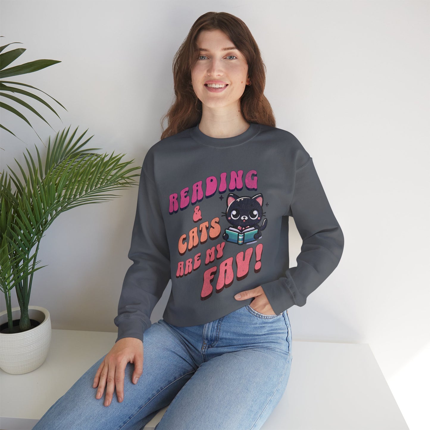 Cozy Reading Lover Cat Unisex Sweatshirt, Bookworm Gift, Feline Crewneck Jumper, Winter Sweater, Comfy Kitty Pullover