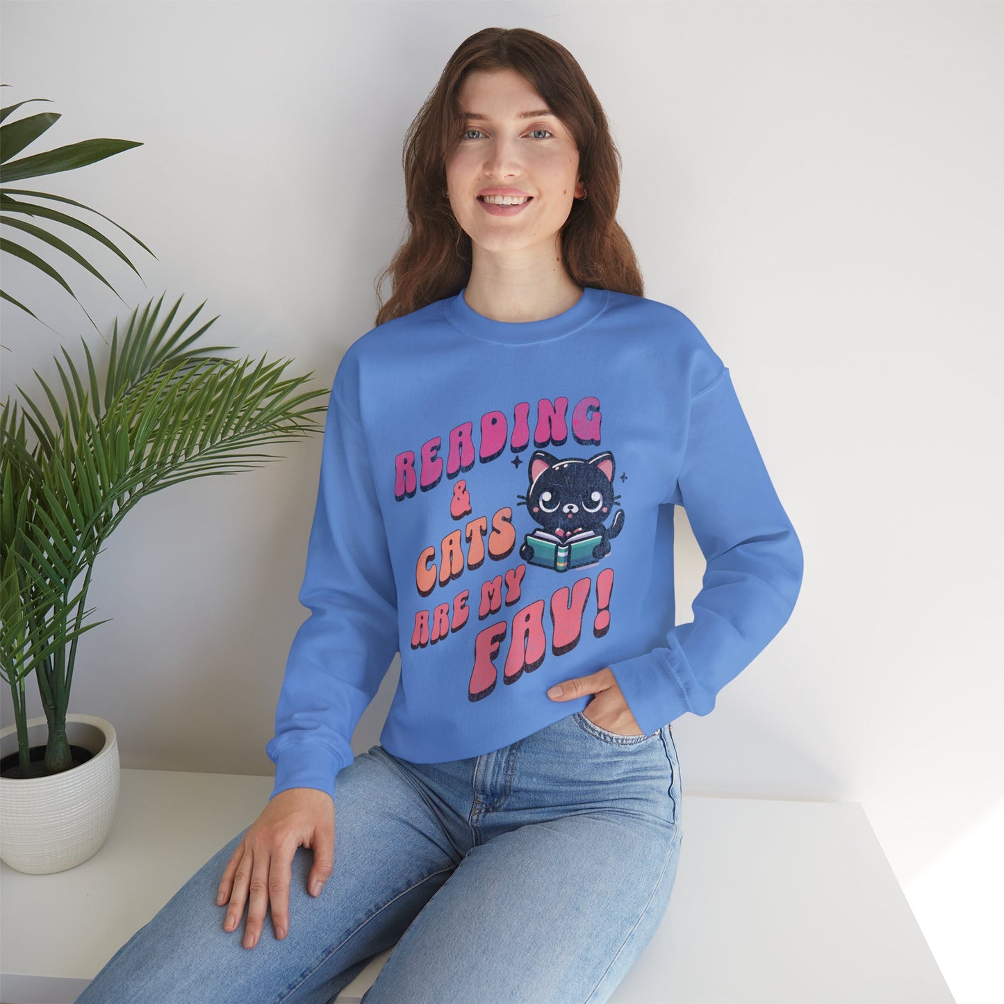 Cozy Reading Lover Cat Unisex Sweatshirt, Bookworm Gift, Feline Crewneck Jumper, Winter Sweater, Comfy Kitty Pullover