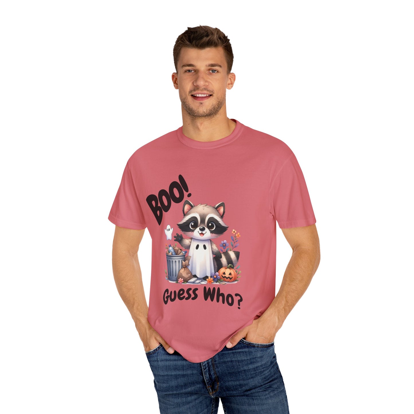 Funny Halloween Raccoon T-Shirt, Cute Graphic Tee, Spooky Animal Top for Men and Women, Novelty Halloween Costume Shirt, Unisex Garment-Dyed