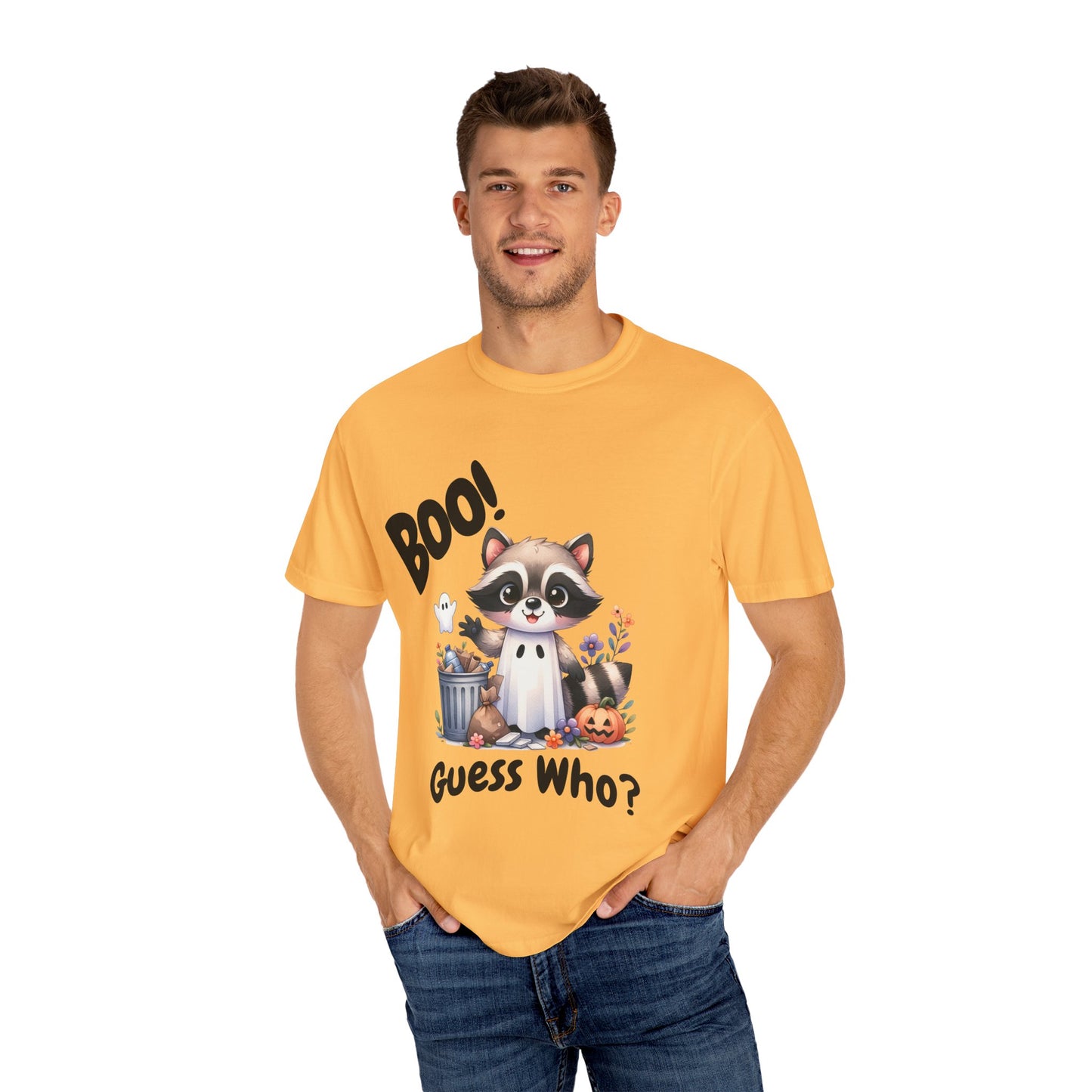 Funny Halloween Raccoon T-Shirt, Cute Graphic Tee, Spooky Animal Top for Men and Women, Novelty Halloween Costume Shirt, Unisex Garment-Dyed