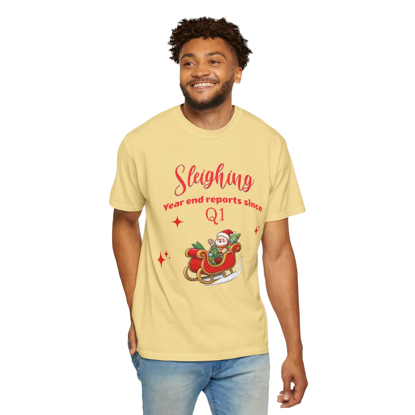 Finance Christmas T-shirt "Sleighing Year End Reports Since Q1", Funny finance humor.