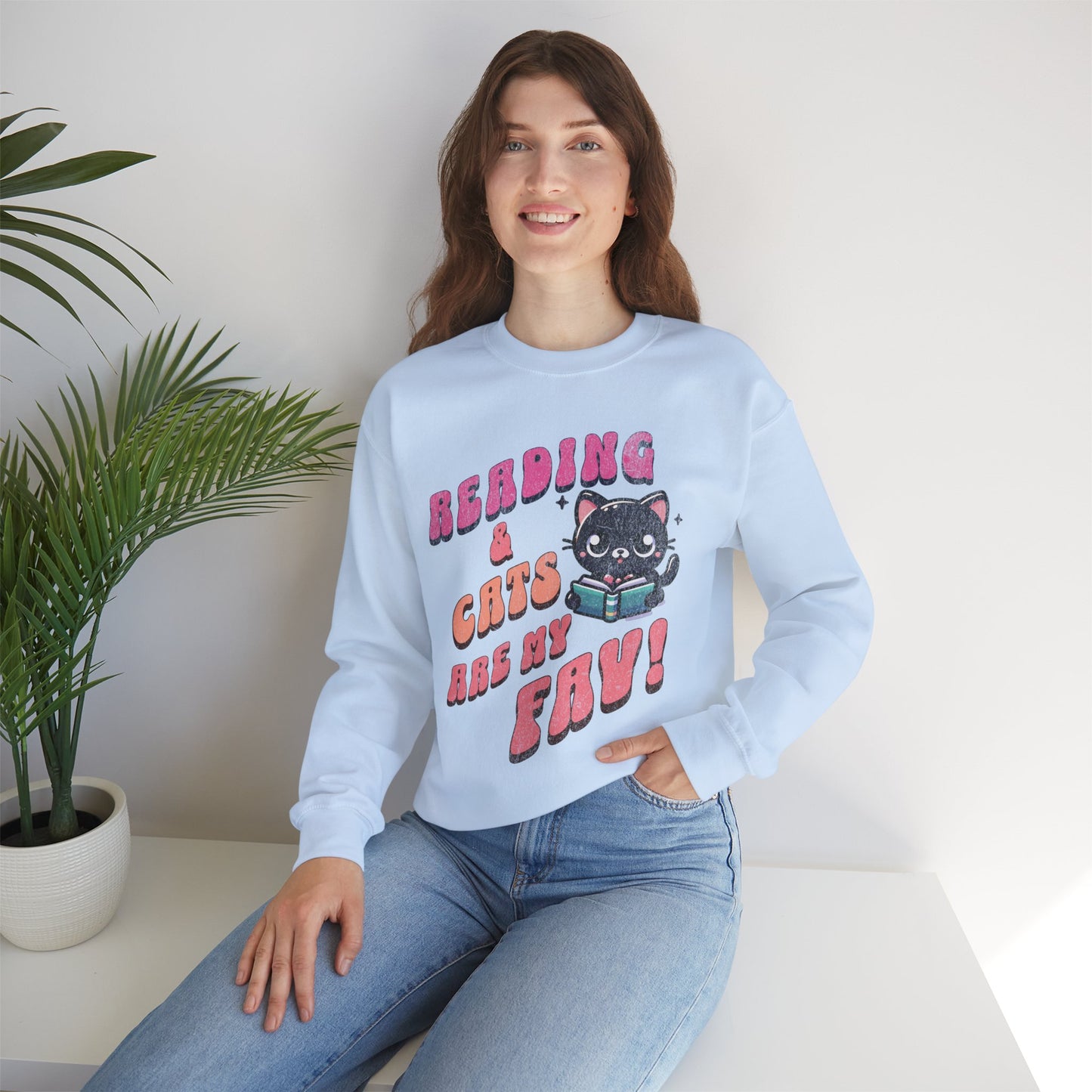 Cozy Reading Lover Cat Unisex Sweatshirt, Bookworm Gift, Feline Crewneck Jumper, Winter Sweater, Comfy Kitty Pullover