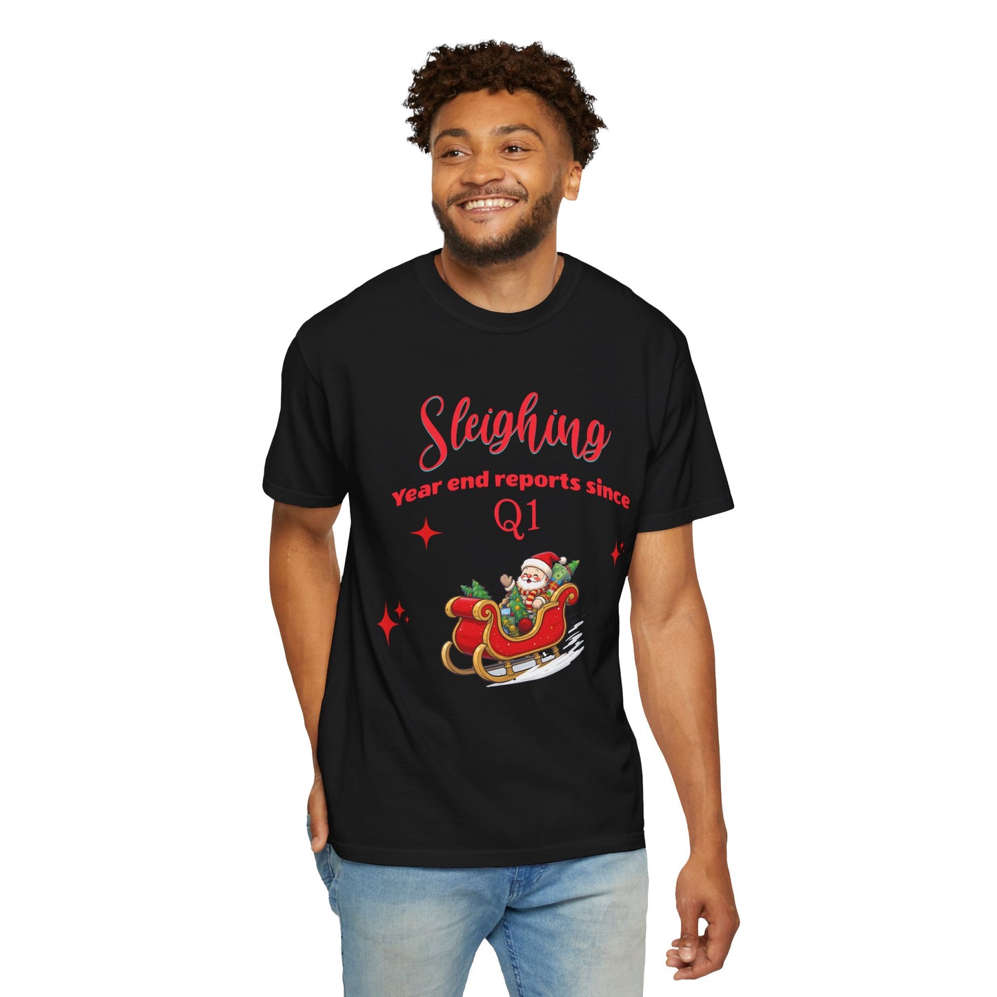 Finance Christmas T-shirt "Sleighing Year End Reports Since Q1", Funny finance humor.