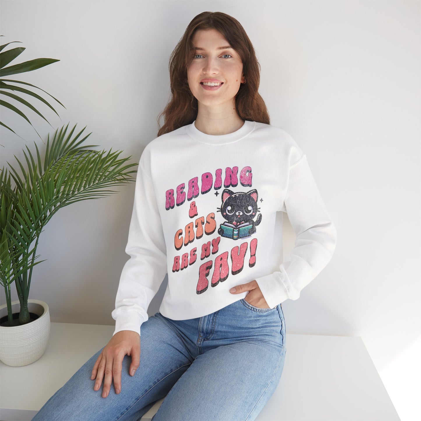 Cozy Reading Lover Cat Unisex Sweatshirt, Bookworm Gift, Feline Crewneck Jumper, Winter Sweater, Comfy Kitty Pullover