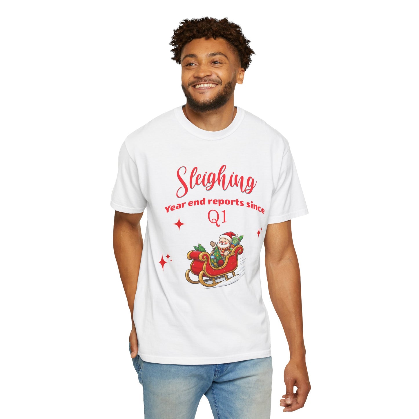Finance Christmas T-shirt "Sleighing Year End Reports Since Q1", Funny finance humor.