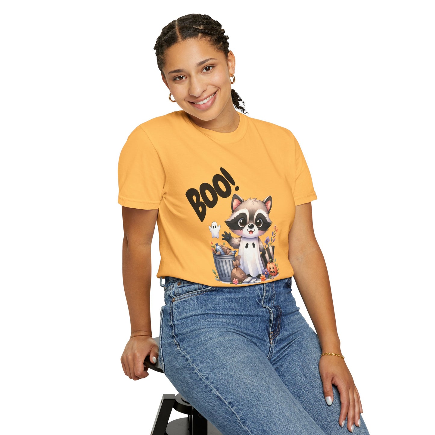 Funny Halloween Raccoon T-Shirt, Cute Graphic Tee, Spooky Animal Top for Men and Women, Novelty Halloween Costume Shirt, Unisex Garment-Dyed