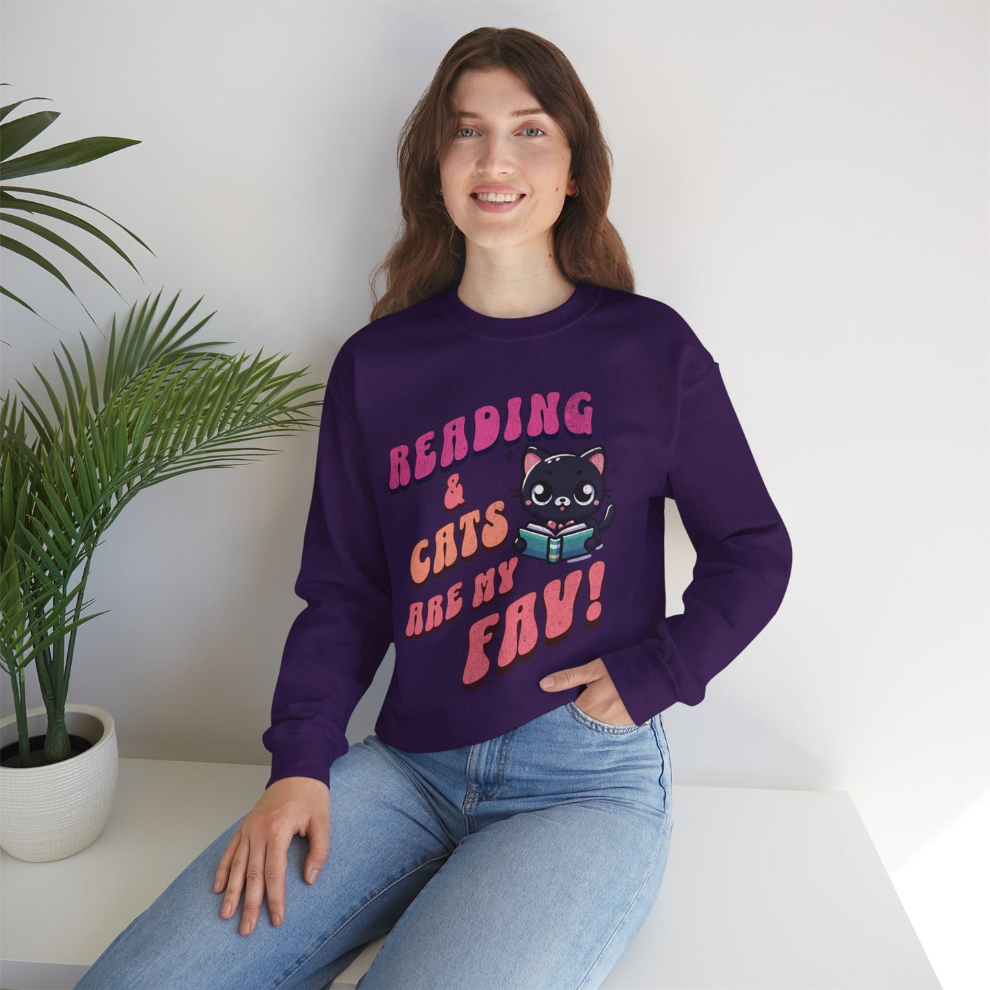 Cozy Reading Lover Cat Unisex Sweatshirt, Bookworm Gift, Feline Crewneck Jumper, Winter Sweater, Comfy Kitty Pullover