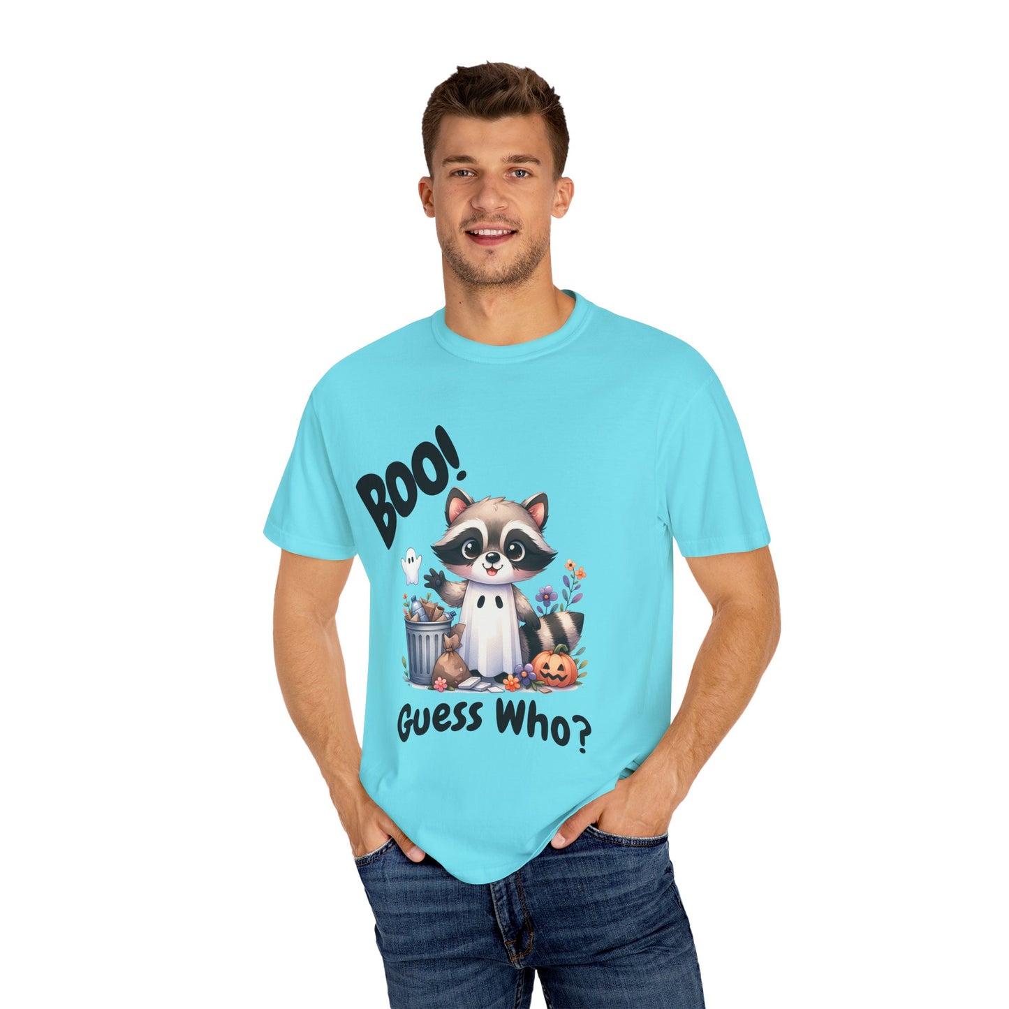 Funny Halloween Raccoon T-Shirt, Cute Graphic Tee, Spooky Animal Top for Men and Women, Novelty Halloween Costume Shirt, Unisex Garment-Dyed