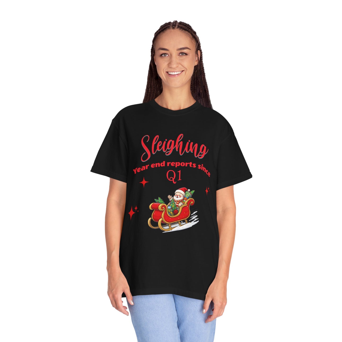 Finance Christmas T-shirt "Sleighing Year End Reports Since Q1", Funny finance humor.