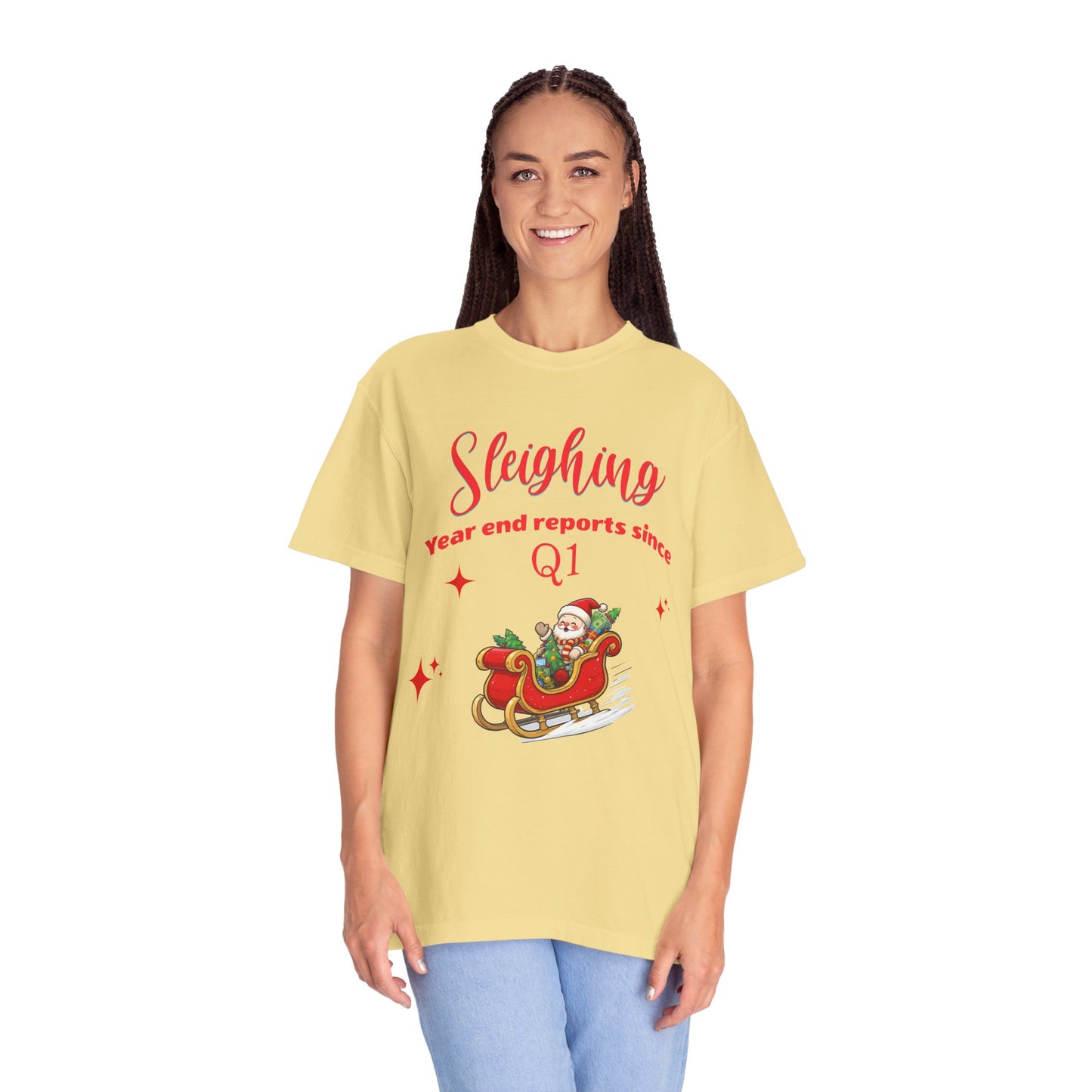 Finance Christmas T-shirt "Sleighing Year End Reports Since Q1", Funny finance humor.