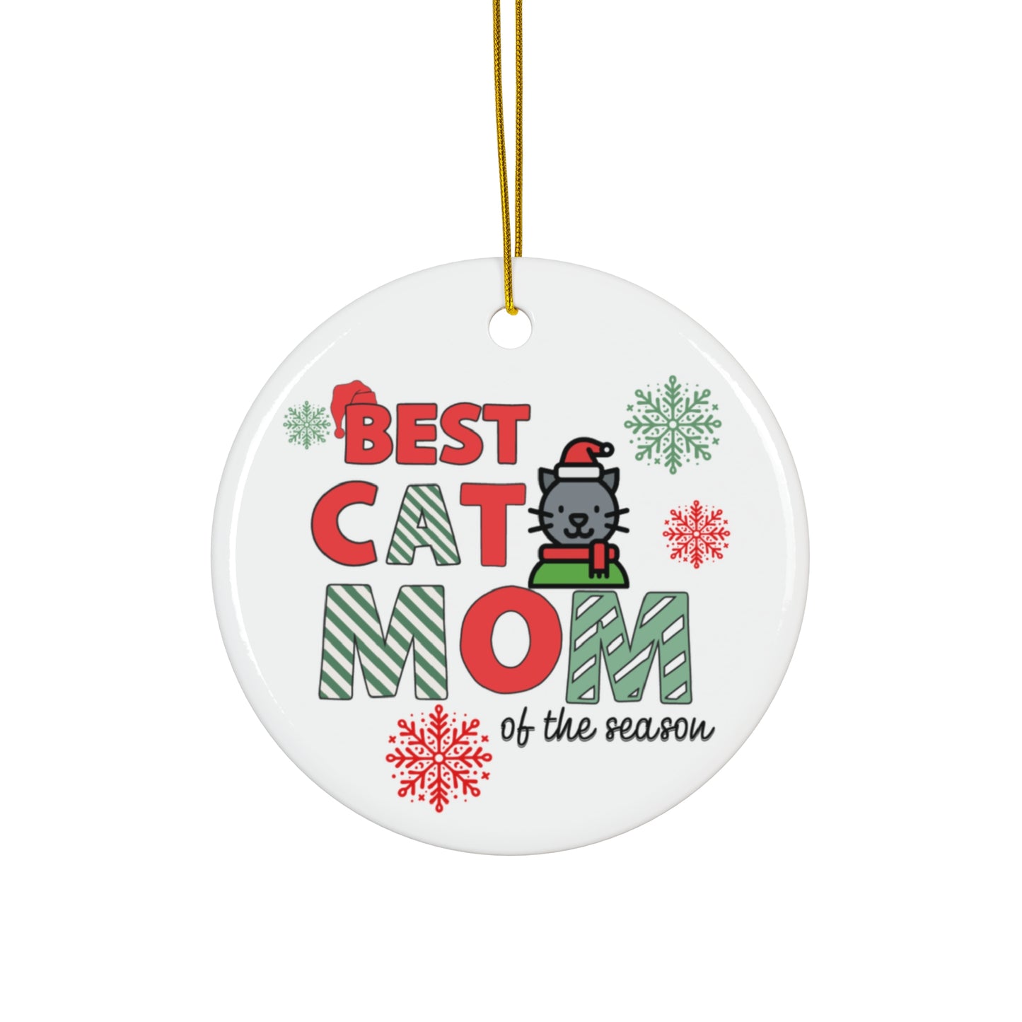 Cat Mom Ceramic Ornament, Cute Cat Character, Holiday Gift, Christmas Tree Decoration, Pet Lover Keepsake, Paw Print Design