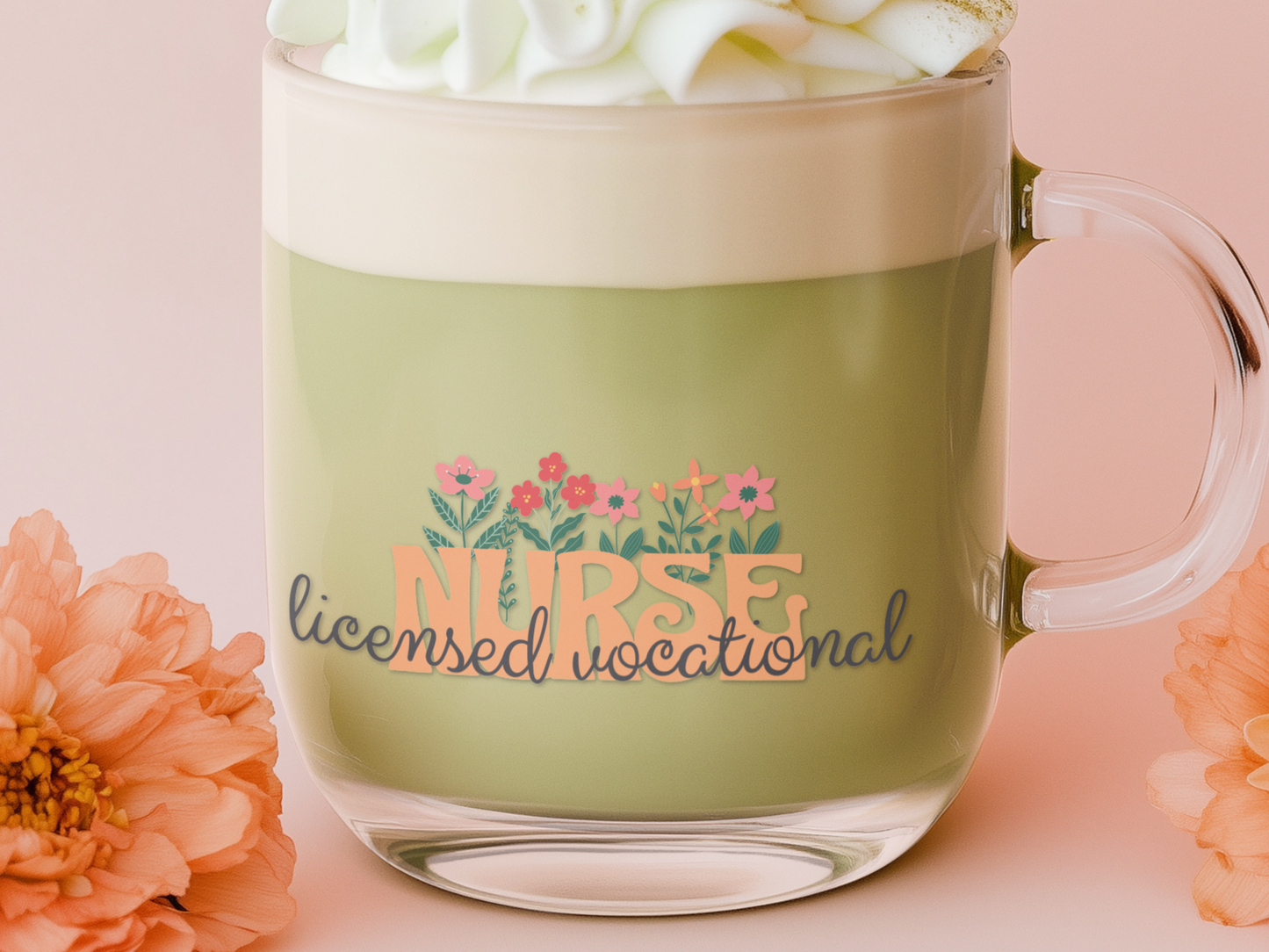 Personalized Mug Floral Inspired Glass Mug | 10oz | Licensed Vocational Nurse, LVN mug
