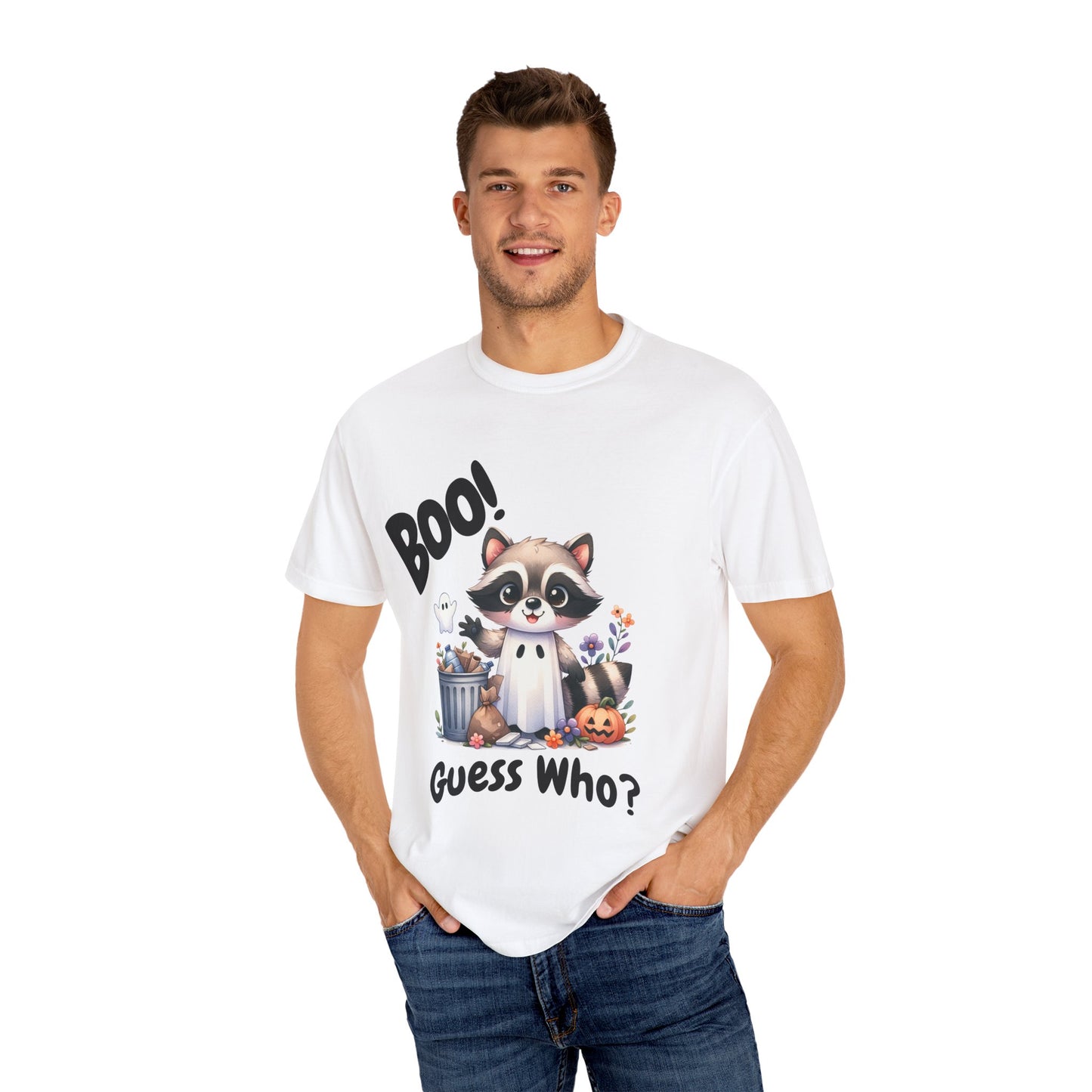Funny Halloween Raccoon T-Shirt, Cute Graphic Tee, Spooky Animal Top for Men and Women, Novelty Halloween Costume Shirt, Unisex Garment-Dyed