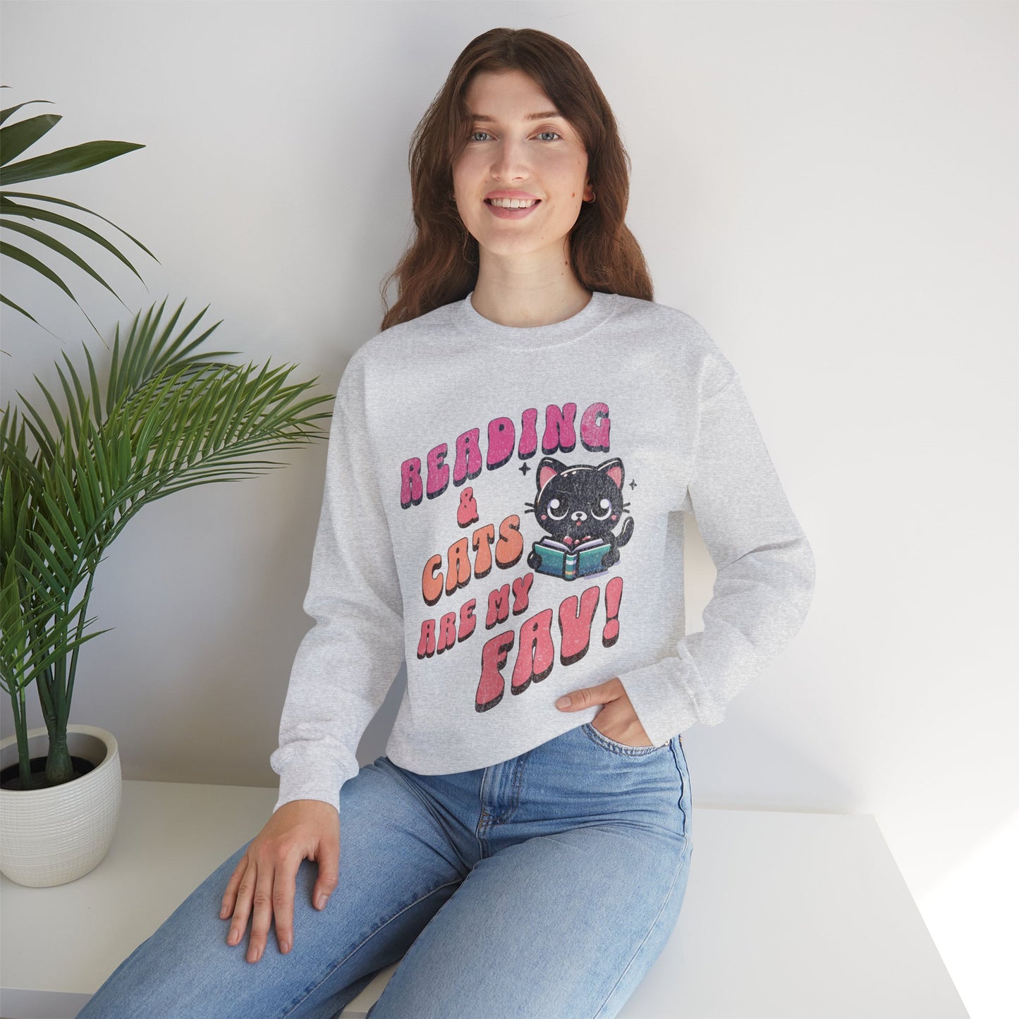 Cozy Reading Lover Cat Unisex Sweatshirt, Bookworm Gift, Feline Crewneck Jumper, Winter Sweater, Comfy Kitty Pullover