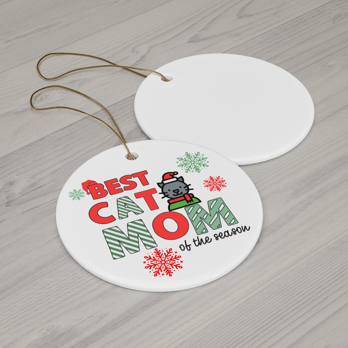 Cat Mom Ceramic Ornament, Cute Cat Character, Holiday Gift, Christmas Tree Decoration, Pet Lover Keepsake, Paw Print Design