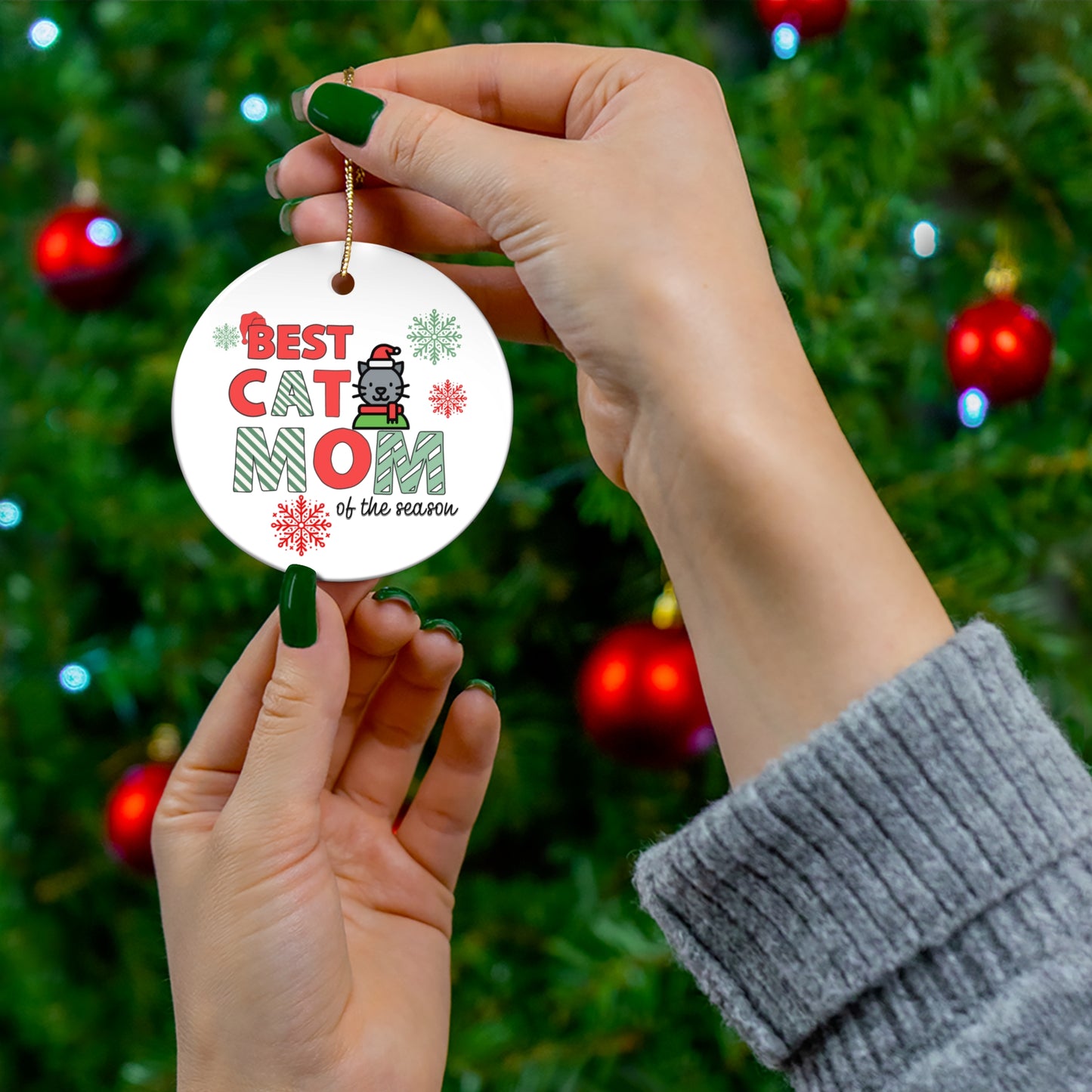 Cat Mom Ceramic Ornament, Cute Cat Character, Holiday Gift, Christmas Tree Decoration, Pet Lover Keepsake, Paw Print Design