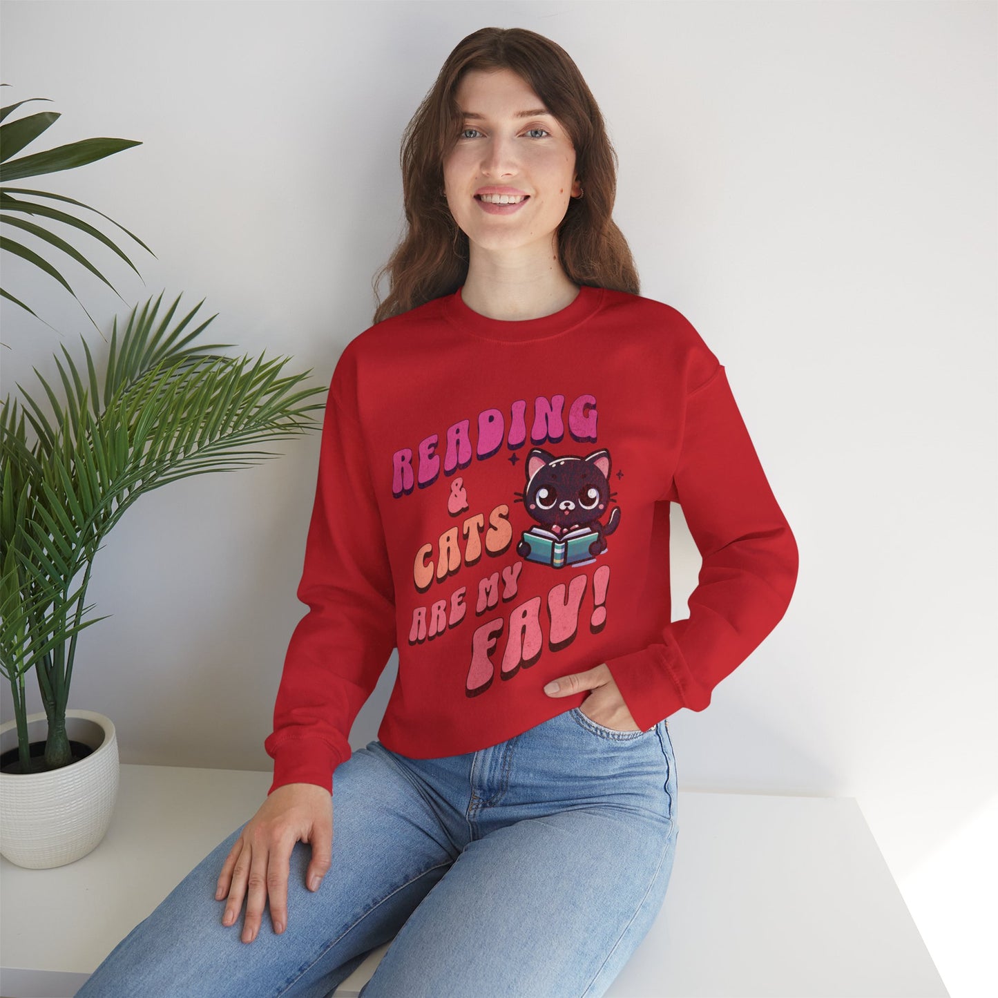 Cozy Reading Lover Cat Unisex Sweatshirt, Bookworm Gift, Feline Crewneck Jumper, Winter Sweater, Comfy Kitty Pullover