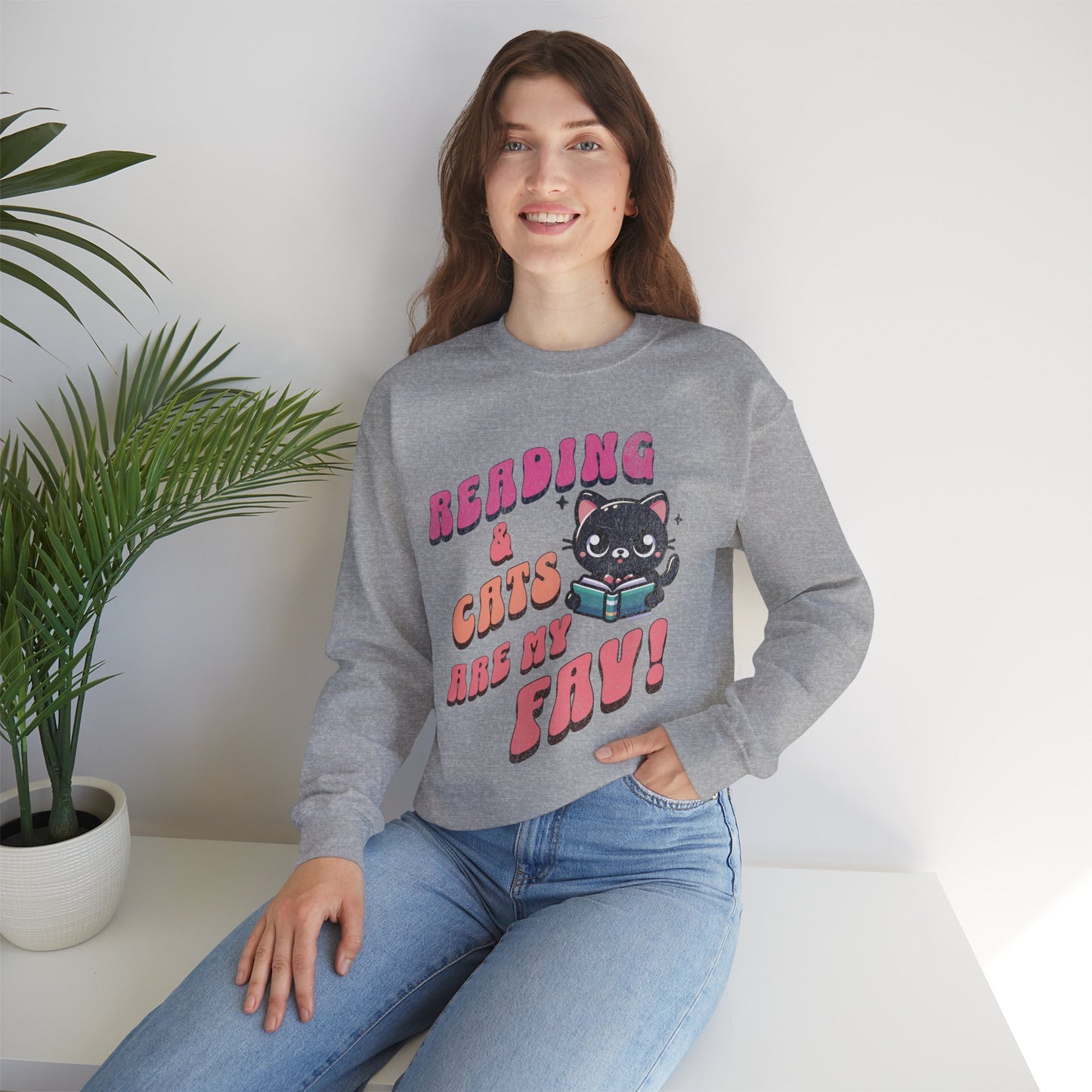 Cozy Reading Lover Cat Unisex Sweatshirt, Bookworm Gift, Feline Crewneck Jumper, Winter Sweater, Comfy Kitty Pullover