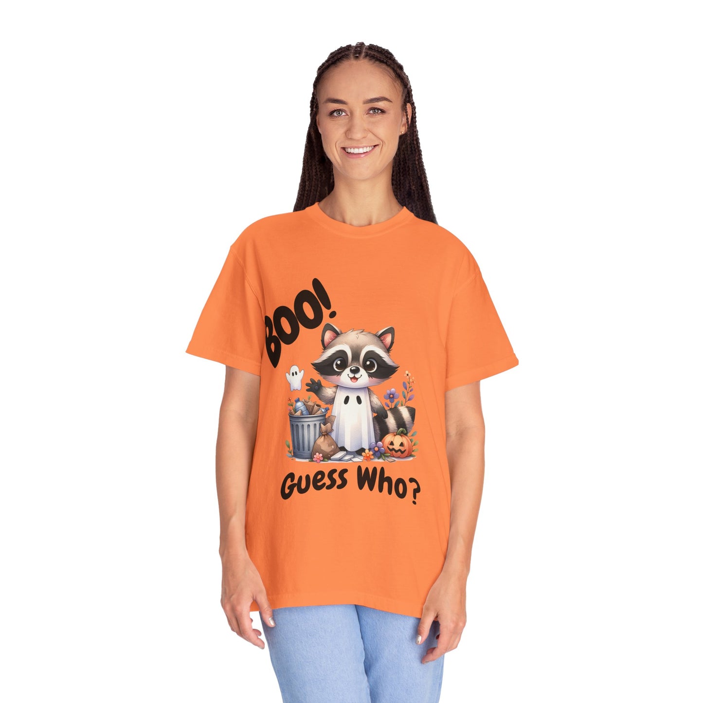 Funny Halloween Raccoon T-Shirt, Cute Graphic Tee, Spooky Animal Top for Men and Women, Novelty Halloween Costume Shirt, Unisex Garment-Dyed