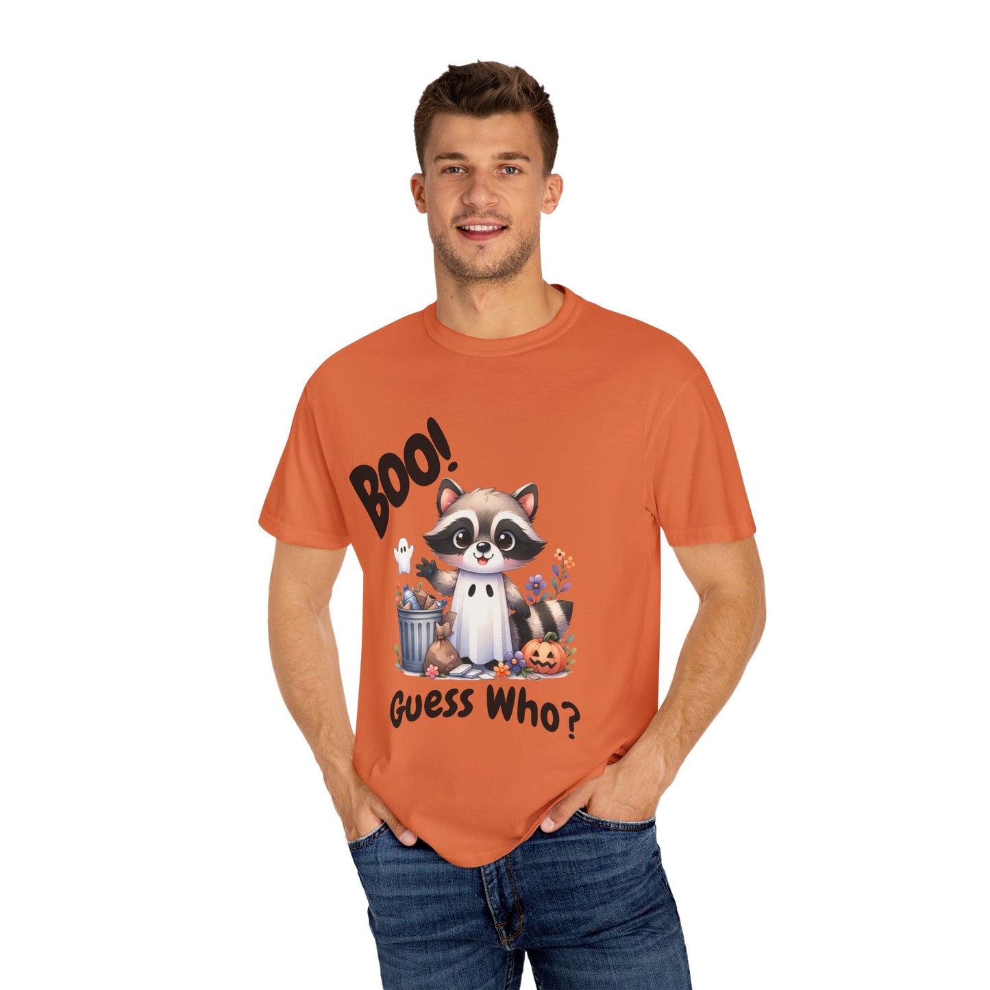 Funny Halloween Raccoon T-Shirt, Cute Graphic Tee, Spooky Animal Top for Men and Women, Novelty Halloween Costume Shirt, Unisex Garment-Dyed