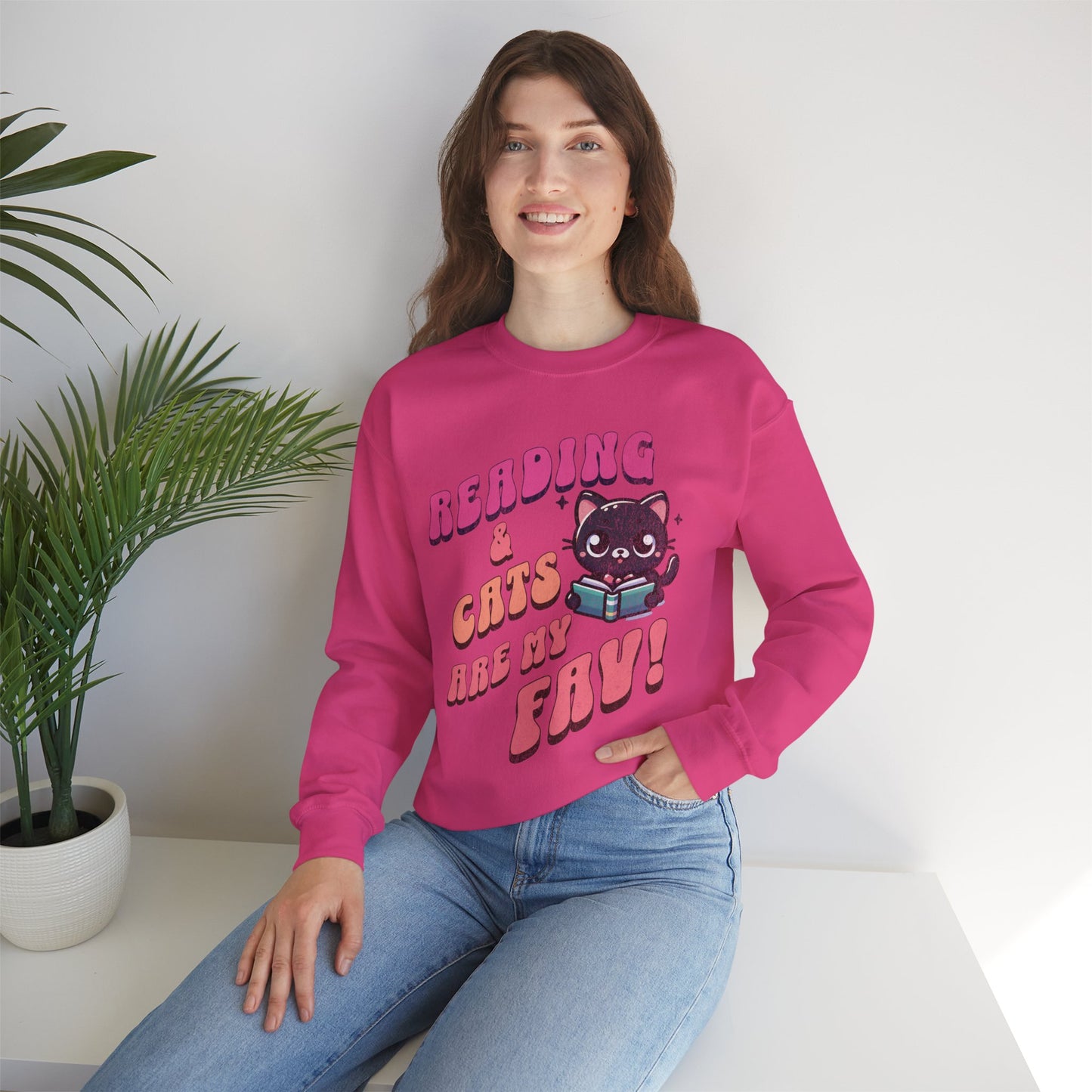 Cozy Reading Lover Cat Unisex Sweatshirt, Bookworm Gift, Feline Crewneck Jumper, Winter Sweater, Comfy Kitty Pullover