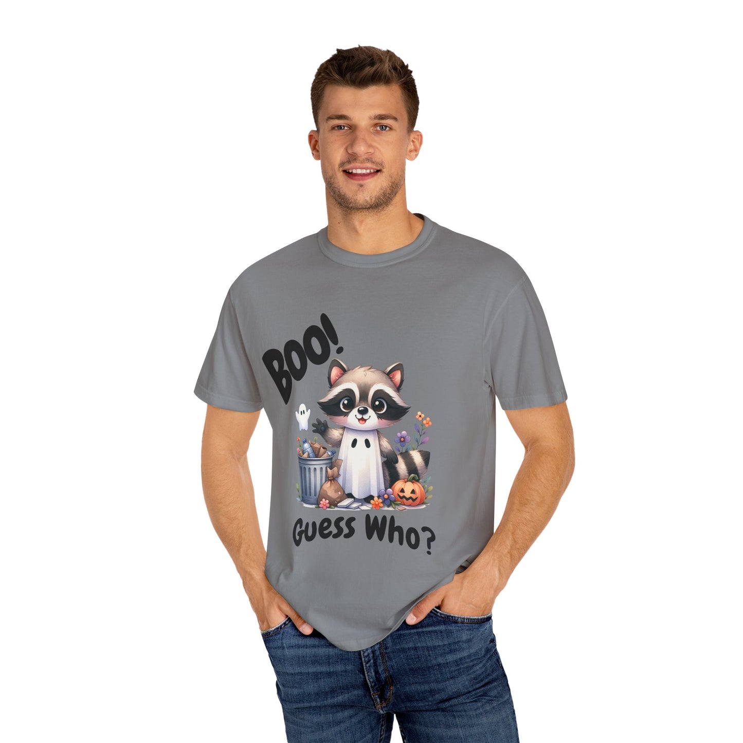 Funny Halloween Raccoon T-Shirt, Cute Graphic Tee, Spooky Animal Top for Men and Women, Novelty Halloween Costume Shirt, Unisex Garment-Dyed