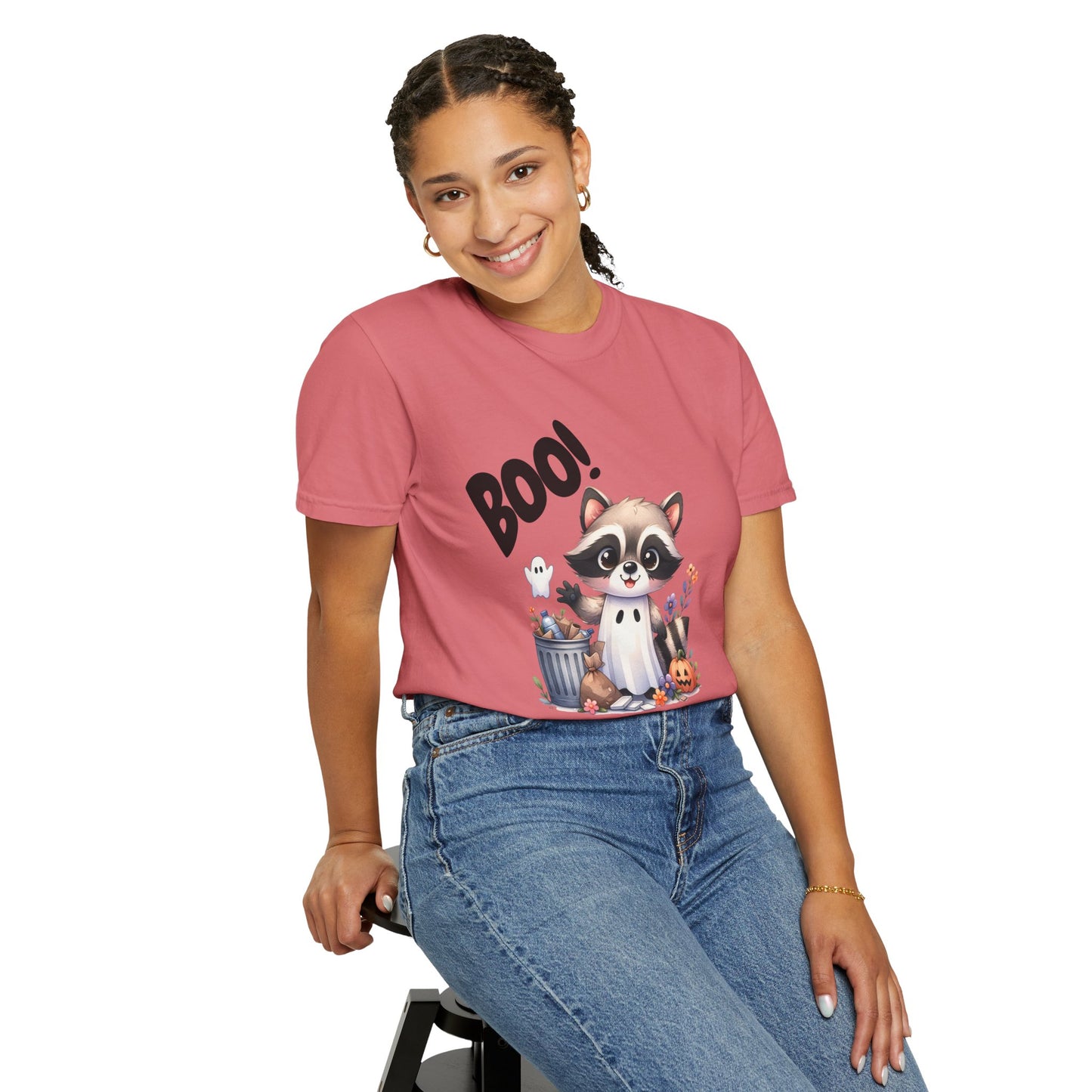 Funny Halloween Raccoon T-Shirt, Cute Graphic Tee, Spooky Animal Top for Men and Women, Novelty Halloween Costume Shirt, Unisex Garment-Dyed