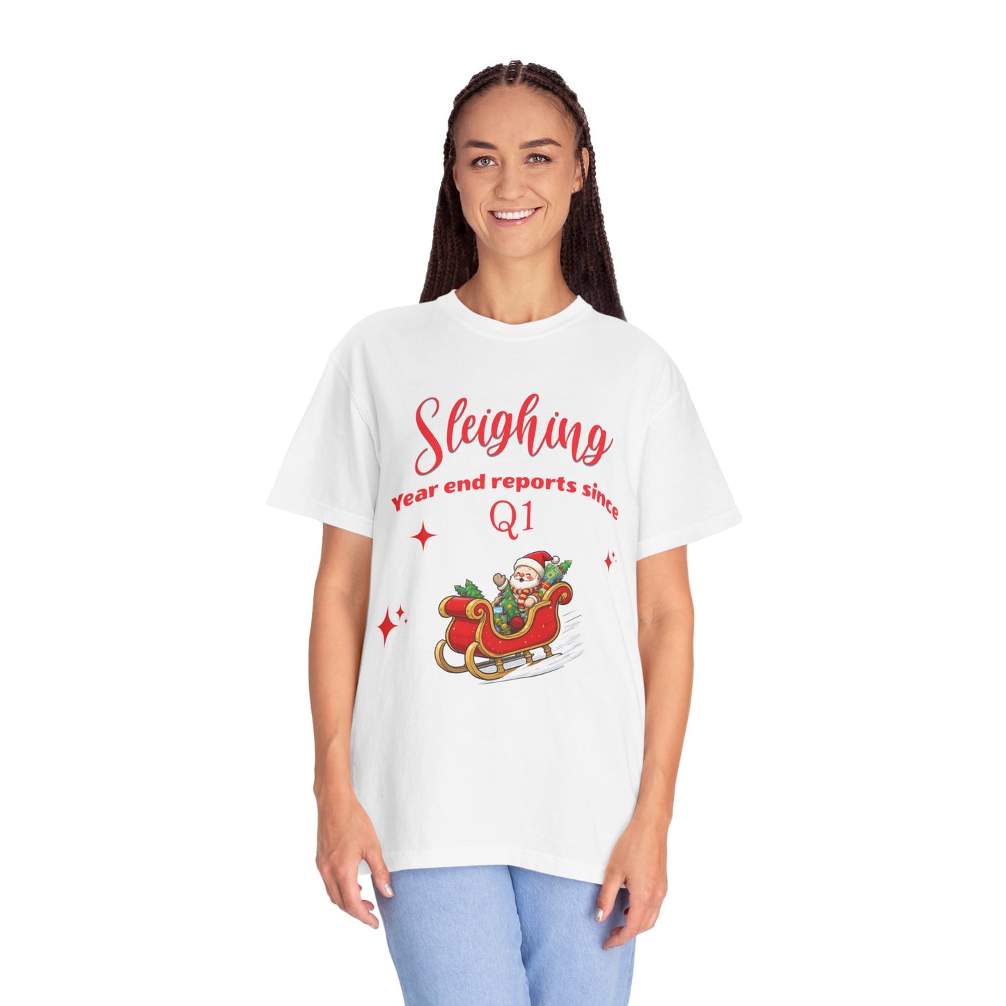 Finance Christmas T-shirt "Sleighing Year End Reports Since Q1", Funny finance humor.