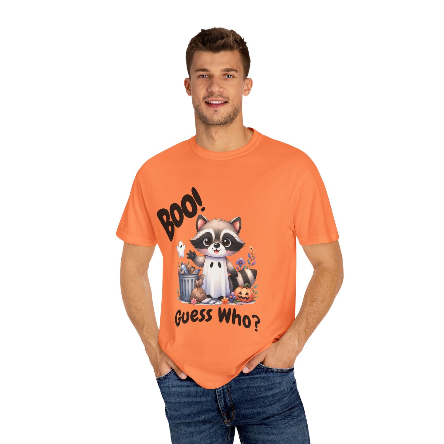 Funny Halloween Raccoon T-Shirt, Cute Graphic Tee, Spooky Animal Top for Men and Women, Novelty Halloween Costume Shirt, Unisex Garment-Dyed