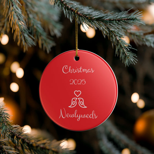 Ceramic Ornament, Newlywed Christmas Decoration, Couples Holiday Ornament, Festive Red Xmas Gift, Holiday Decor, Christmas Tree Ornament