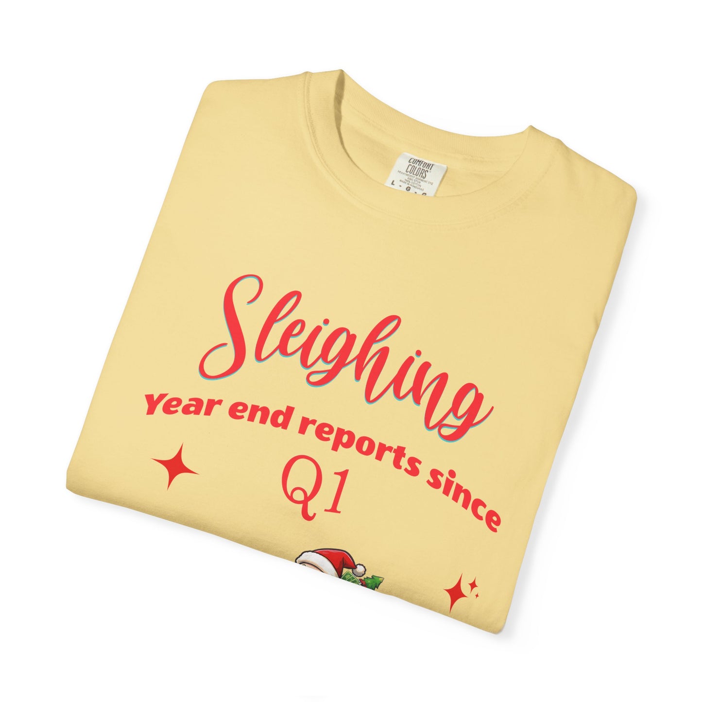 Finance Christmas T-shirt "Sleighing Year End Reports Since Q1", Funny finance humor.